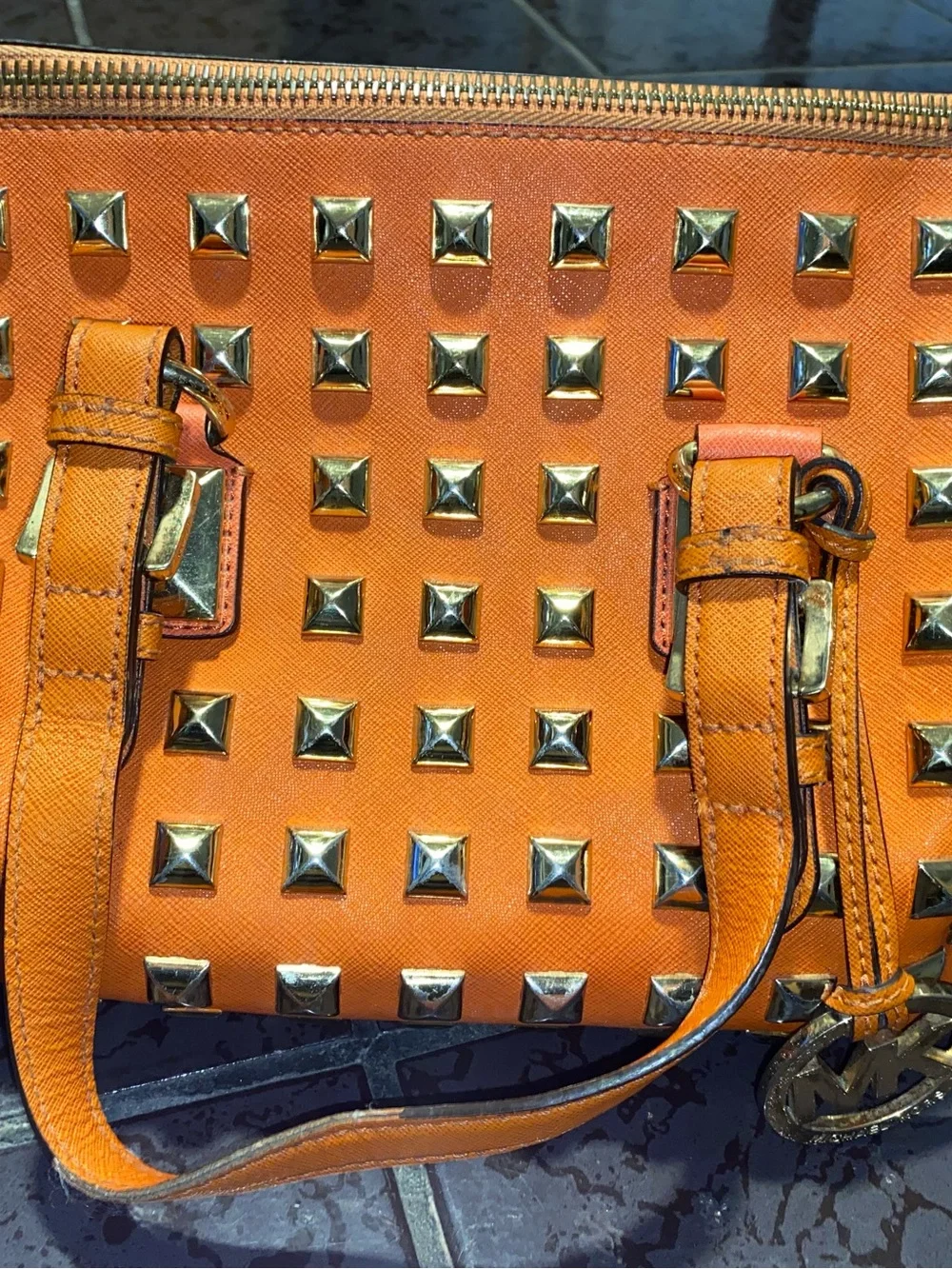Michael Kors Orange Leather Satchel with Gold Studs